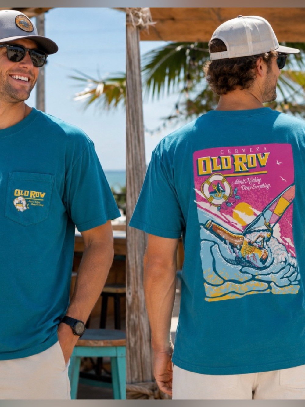 Old Row Beer Graphic Pocket T-Shirt | Teal | Sz Large | Surf Beach Back Graphic